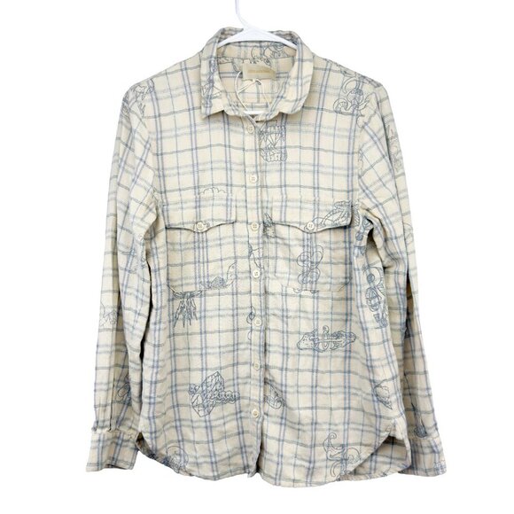 ZADIG & VOLTAIRE Cartoon Sketch Details Cream Plaid‎ Shirt Blue Pink Metallic M - Picture 1 of 7
